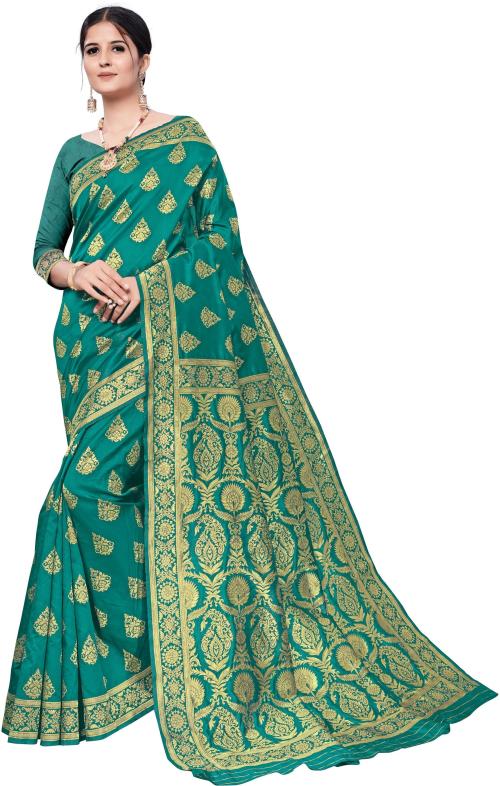 Fancy Collection Women Dark Green Woven Jacquard, Art Silk Banarasi Saree With Blouse Piece
