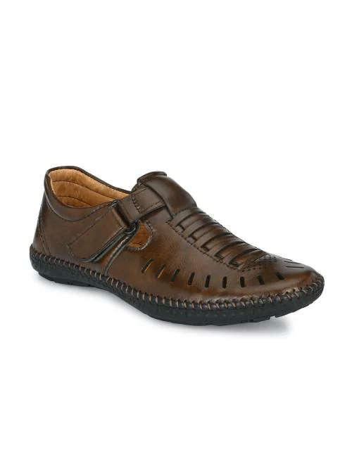 BUCIK Men's Brown Synthetic Leather Slip-On Casual Sandals