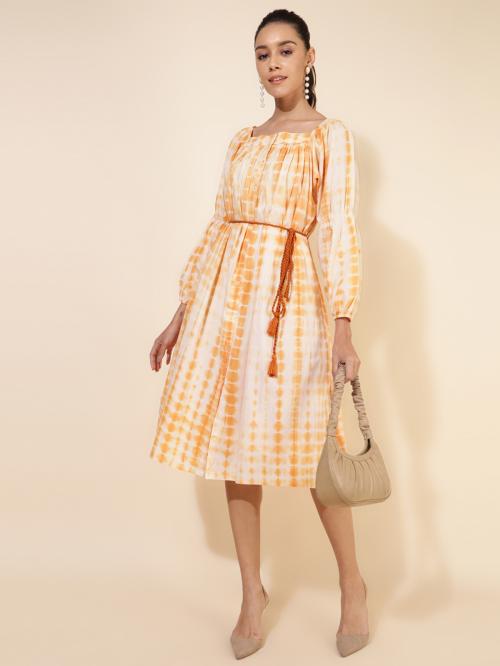 Janasya Women's Off White Cotton Tie Dye A-line Dress