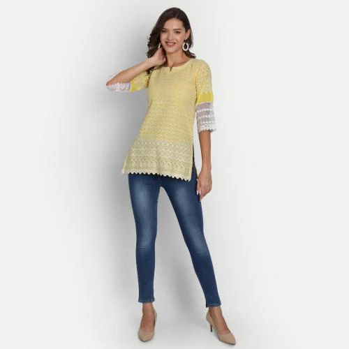 Haniya Chikankari Embroidered Short Kurti for Women Lime Yellow