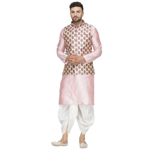 Banity Bey Men's Silk Blend Pink Dhoti Kurta with Designer Ethnic Nehru Jacket /Modi Jacket/Waistcoat (Size: L, JAIPURI)