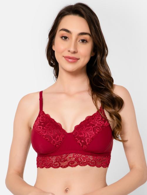 Clovia Padded Non-Wired Full Cup Multiway Longline Bralette in Maroon - Lace