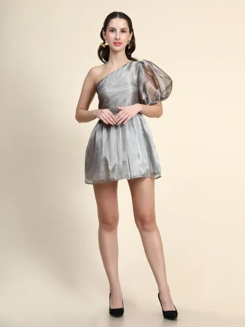 Rujave Women Silver Solid Cotton Silk Fit And Flare Dress (S)