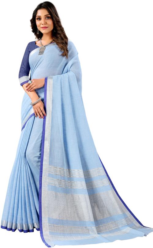 Ashika Women Blue Printed Cotton Linen Saree with Blouse Piece