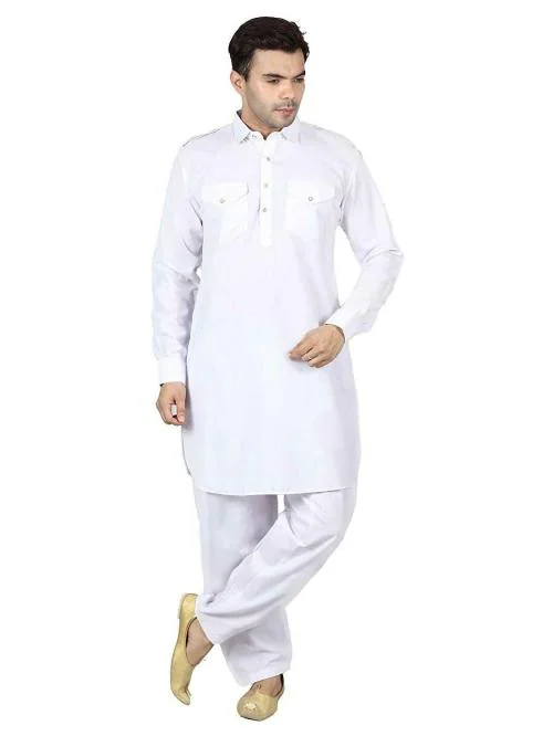 ethluxis Mens White Cotton Blend Punjabi Pathani Kurta Salwar Set, 38