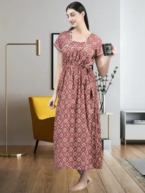 Noty Girl's/Women's- Nighty | Nightdress | Short Sleeves | Belt | Block Print - Cotton Fabric- Baatik Print ( Maroon-Blocks, Medium )