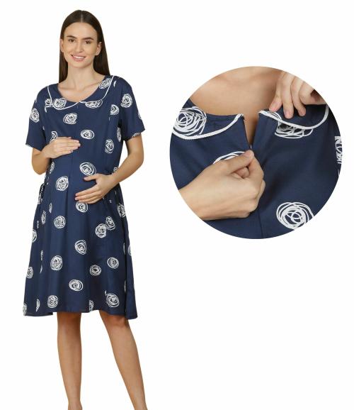 Morph Maternity | Breast Feeding Dress For Mothers | With Hidden Vertical Zip For Easy Breastfeeding | Fits During Pregnancy & Post Pregnancy | Soft Cotton | One Side Pocket | Navy Blue | XXL