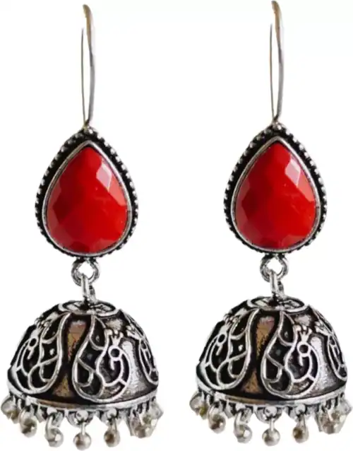 Mrigangi Stylish Oxidised Silver Plated Red Ghungroo Jhumka Earring for Women and Girls Alloy Jhumki Earring
