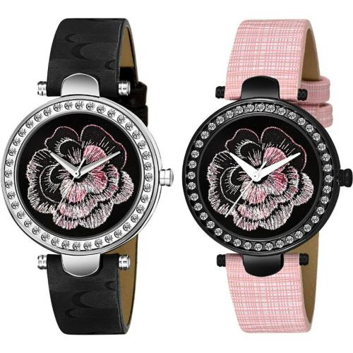 Splazos Analog Black Dial Black Strap Watch For Girls (Pack of 2)