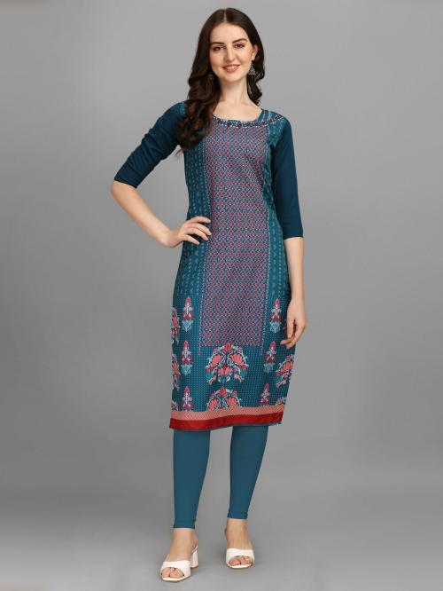 DESI MUNDE Women Blue Printed Crepe A-Line Kurta (L)