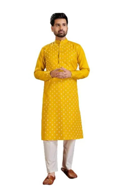 Zarkle Men Yellow Foil Print Pure Cotton Kurta And Pajama Set (M)