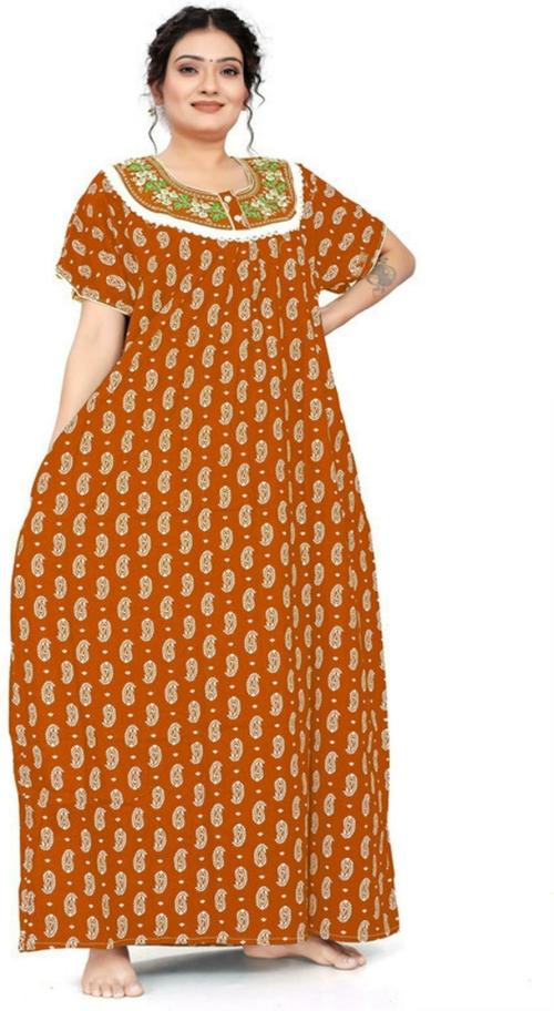HauteLook Women Pure Cotton Nighty Gown-Fancy-keri-embroderiry Small Flower Work Flower-Mustard-XXXL