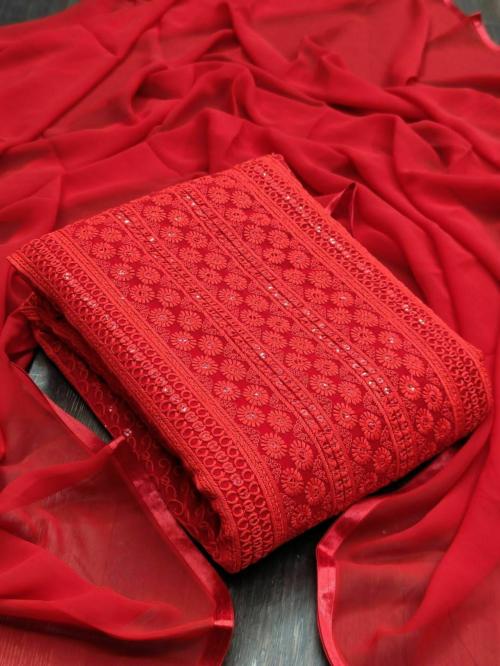 Kritva Fashion Georgette Embroidery Lucknowi Chikankari Work Unstitched Salwar Suit Dress Material (RED)