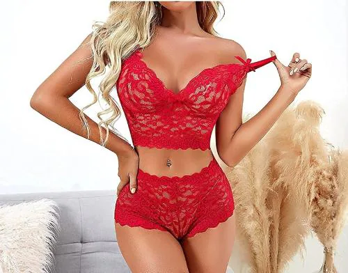 SKMODEL STYLISH Women Shiny Baby Doll Lingerie Set Sexy Bra Panty Set For Women & Girls (Red,L)