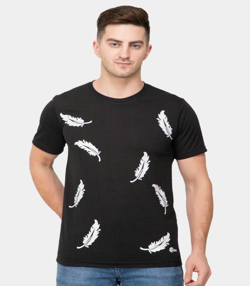 EKOM Men Black Printed Cotton Blend Round Neck T-shirt