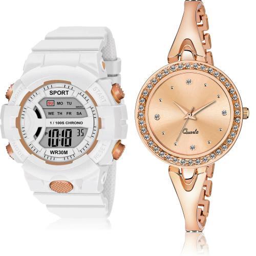 TIMENTER Brand New Luxury Digital Kids Watch And Bangle Chain White And Rose Gold Colour Digital And Analog Plastic And Stainless Steel Belt 2 Watch Combo For Women And Girls - DG37-GL269