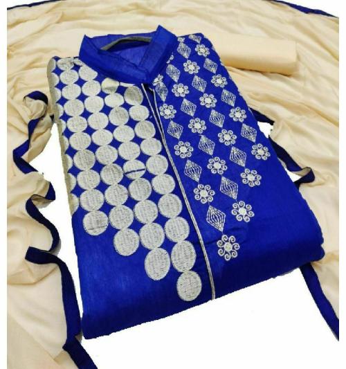JHEENU Women Blue Embroidered Chanderi Salwar Suit Material