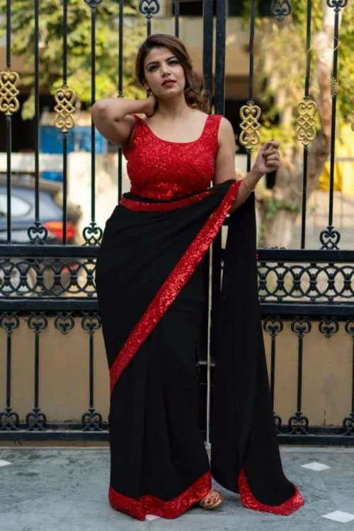 Sareez House Women Black Self Design Georgette Daily Wear Saree (Kareena-Black)