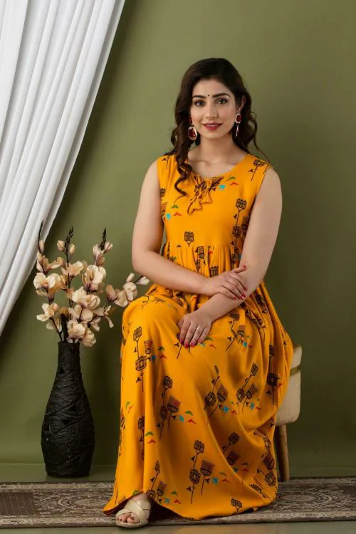 Surhi Women Mustard Printed Rayon Gown Dress
