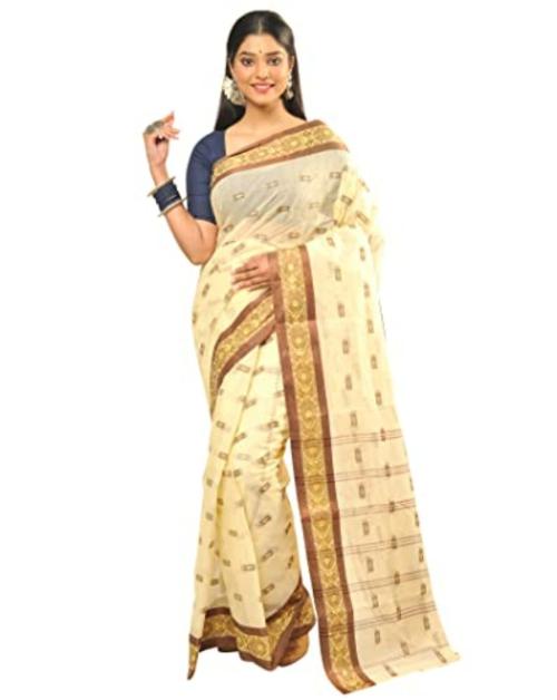 Raj Saree House Women's Traditional Pure Cotton Bengali Handloom Tant Saree (Without Blouse Piece)- Off White and Tamak