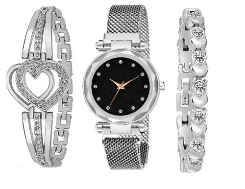 KIARVI GALLERY Analogue Silver 12 Diamond Dial Magnet Watch with 2 Bracelet Gift for Women or Girls and Watch for Girl or Women (Combo of 3)