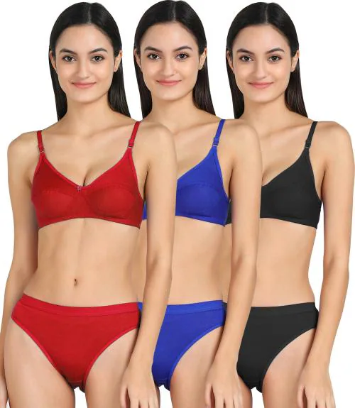 Women Cotton Bra Panty Set for Lingerie Set ( Pack of 3 ) ( Color : Red,Blue,Black )