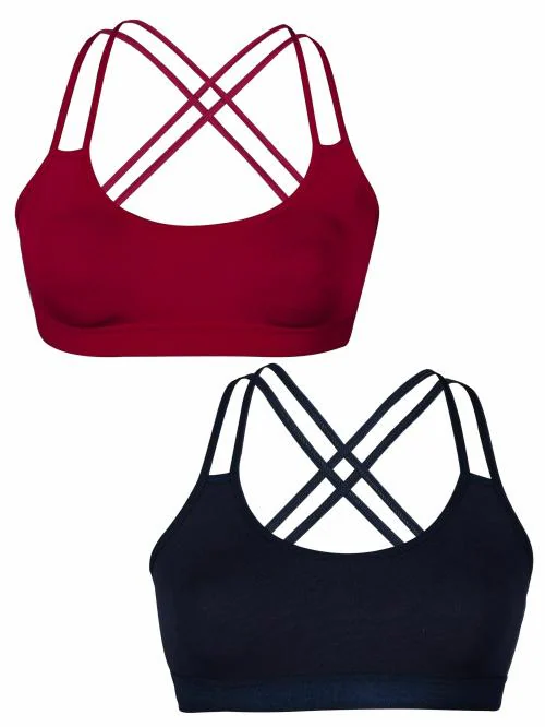 Dchica Criss Cross Back Cotton Sports Bra | Removable Pads | Elasticated Waistband | Good Support | Full Coverage Bra Pack Of 2 | Maroon & Navy Blue Workout Bra