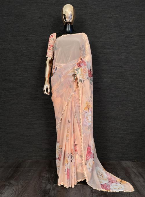 UPTHE The best way to represent your classy look with this spectacular georgette printed saree with Pearl lace border
