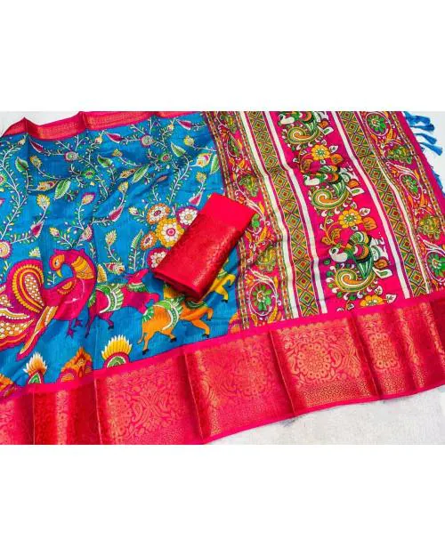 Radha's Inch Gold Zari Pencil Jacqrad Weaving Border Dola Silk Fabric Digital Pichwai Kalamkari Sarees Printed Saree (Light Blue)