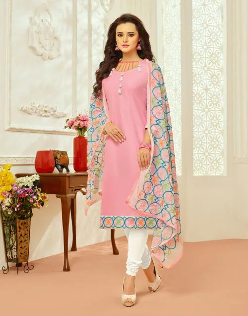 Light Pink & White Cotton Women's Dress Material With Phulkari Dupatta