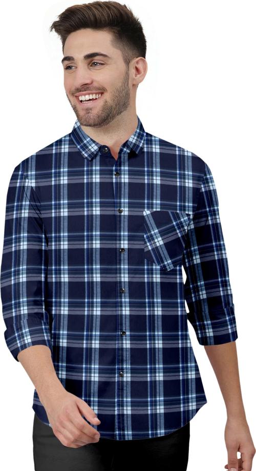 NuJi Men Blue Checkered Pure Cotton Casual Shirt - S