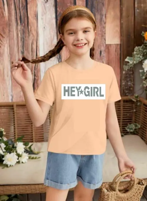 MODMIS LATEST TRENDY PEACH COLOUR GRAPHICALLY PRINTED GIRLS KIDS HALF SLEEVE COTTON T.SHIRT