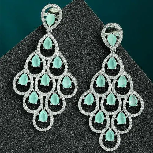 Zeneme Women Rhodium Plated Silver Toned American Diamond Studded Contemporary Drop Earrings Jewellery (Mint Green)