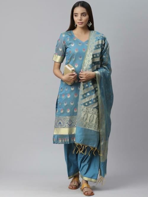 Chhabra 555 Women Blue Woven Design Silk Unstitched Salwar Suit Material (Free Size)