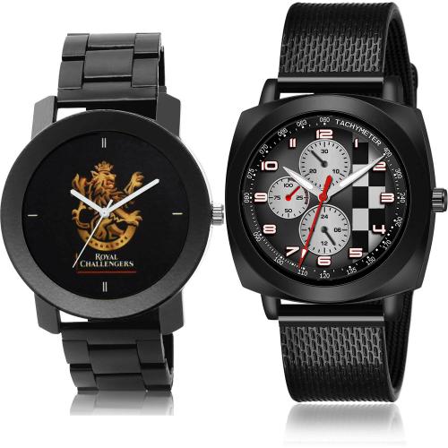 GROOT Modern Heart Royal Challengers Bangalore Squad (Rcb) Ipl Chain Black Colour Analog Metal And Plastic Belt 2 Watch Combo For Boys And Men - IPL16-(15-S-10)