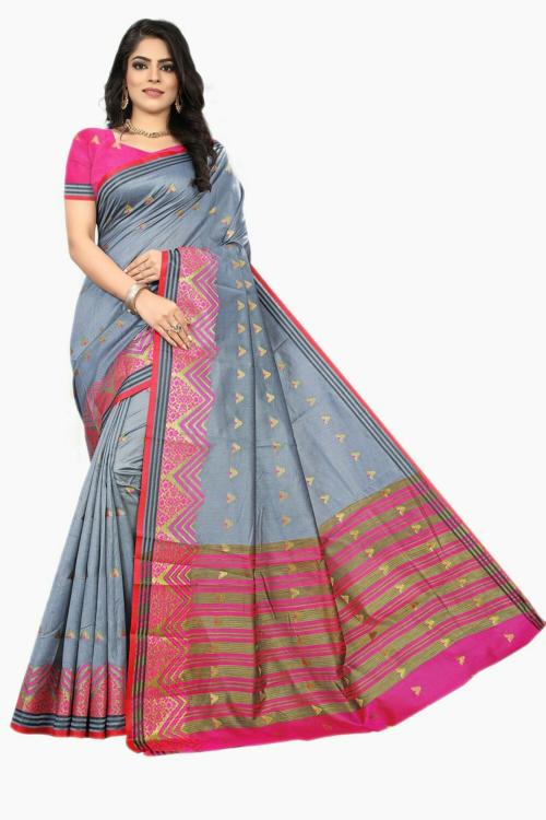 Mermaid Ocean Printed Bollywood Cotton Silk Saree (Grey)