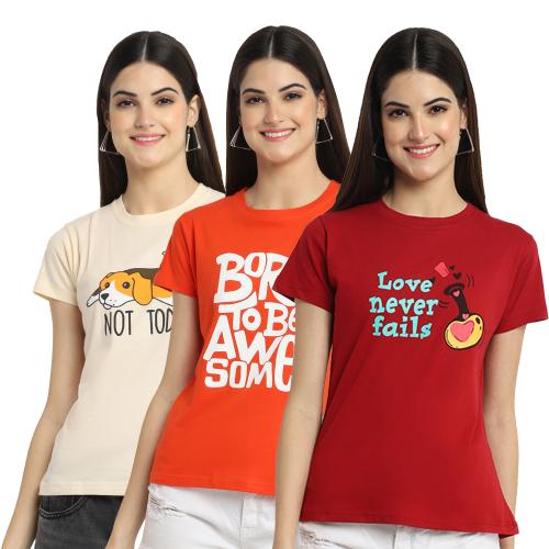 Fabflee Women Pack of 3 Cotton Typography Print Casual Tshirt l women tshirt l tshirt for womenWomen tshirt | Tops for women | T shirt for women | Women Tops | T shirt | Women | Tops