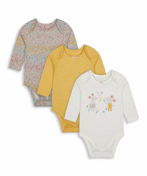 Mothercare Girls Full Sleeves Mouse Patch Work Bodysuit - Pack Of 3 - Multicolor