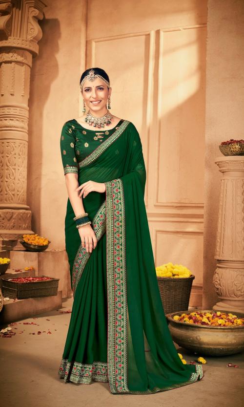 Rekha Maniyar Women's jacquard double border Georgette Dark Green Saree With Unstitched Blouse Piece