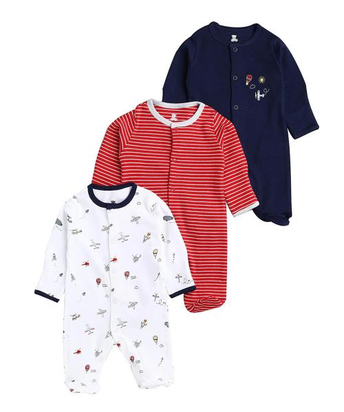 I Bears Full Sleeves Footed Rompers Pack of 3, 1-3 Months Color: Dark Blue,White,Red| New Born Baby Clothes | for Boys and Girls | 100% Cotton | Infant Clothing Sets | Overalls | Jumpsuits