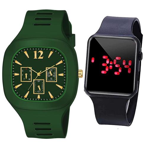 The Shopoholic Analog Green Dial Green Strap Watch For Men And Women (Pack Of 2)