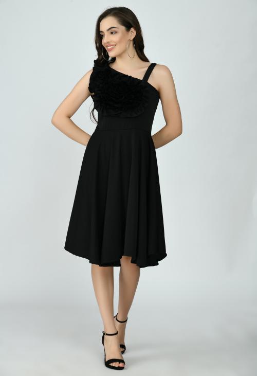 Moshe Women Front Flower Patch Fit and Flare black Dress
