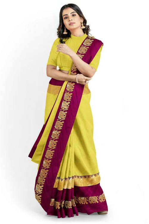 SWIFFIN Exclusive Collection Cotton Silk Banarasi Lemon-Maroon Saree For Women/Women Saree With Unstitched Blouse- HATHI-LEMON-MAROON