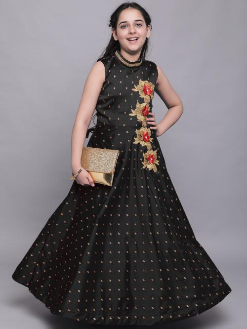 Bollylounge Baby Girl's Taffeta Silk Jecquard Butti Party Wear Full Length Dresses