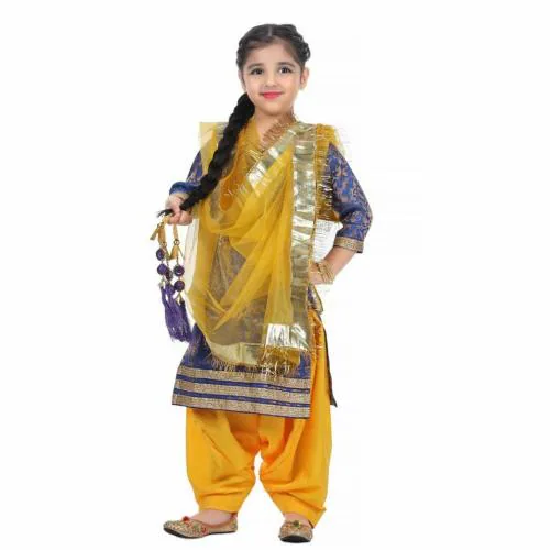 ITSMYCOSTUME Punjabi Dress for Girls Traditional Folk Dance Costume for Kids-Blue+Yellow