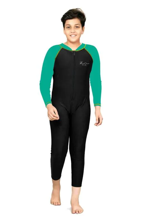 ZIUM Boys 4 Way Lycra Swimsuit Cum Diving Suit (13-14, Black Green)
