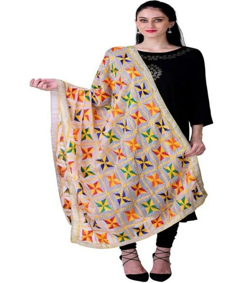 KAPS Punjabi Hand Embroidery Phulkari Faux Chiffon Dupatta, Stoles (white)