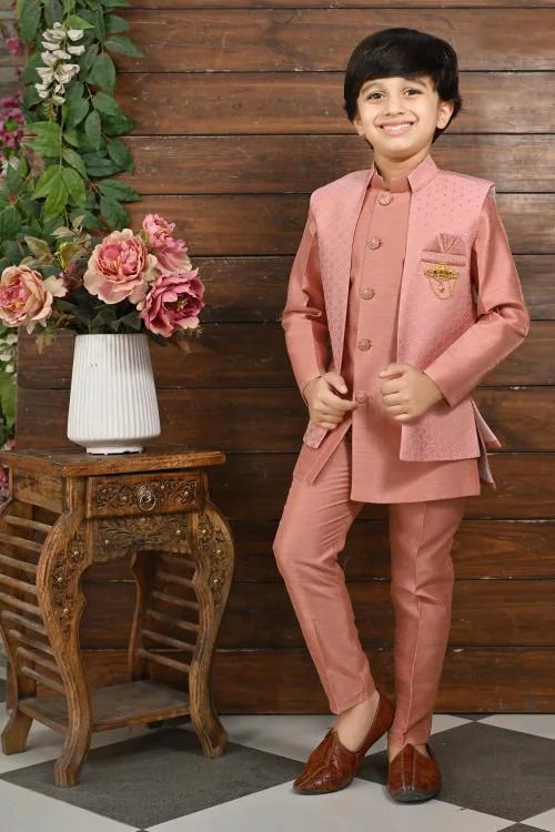 Ahhaaaa Kids Ethnic Silk Blend Zari Work Indo-Western Sherwani Set for Boys
