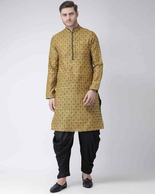 Chitwan Mohan Men  Mustard and Black  Printed Cotton Blend Kurta Set