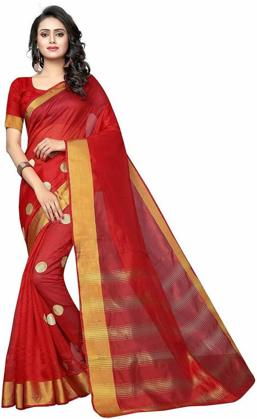 Yashika Damen Banarasi Sari Rot - Baumwoll-Seide Sari Mit Blusenmaterial Für Feste